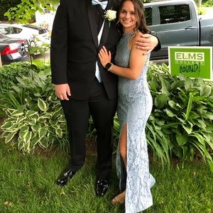 Gorgeous blue lace prom dress with open back